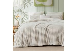 Bedsure Fluffy Comforter Set King - Super Soft Faux Fur Comforter King Size Linen Color, Winter Warm Fleece Bedding Set, Plus