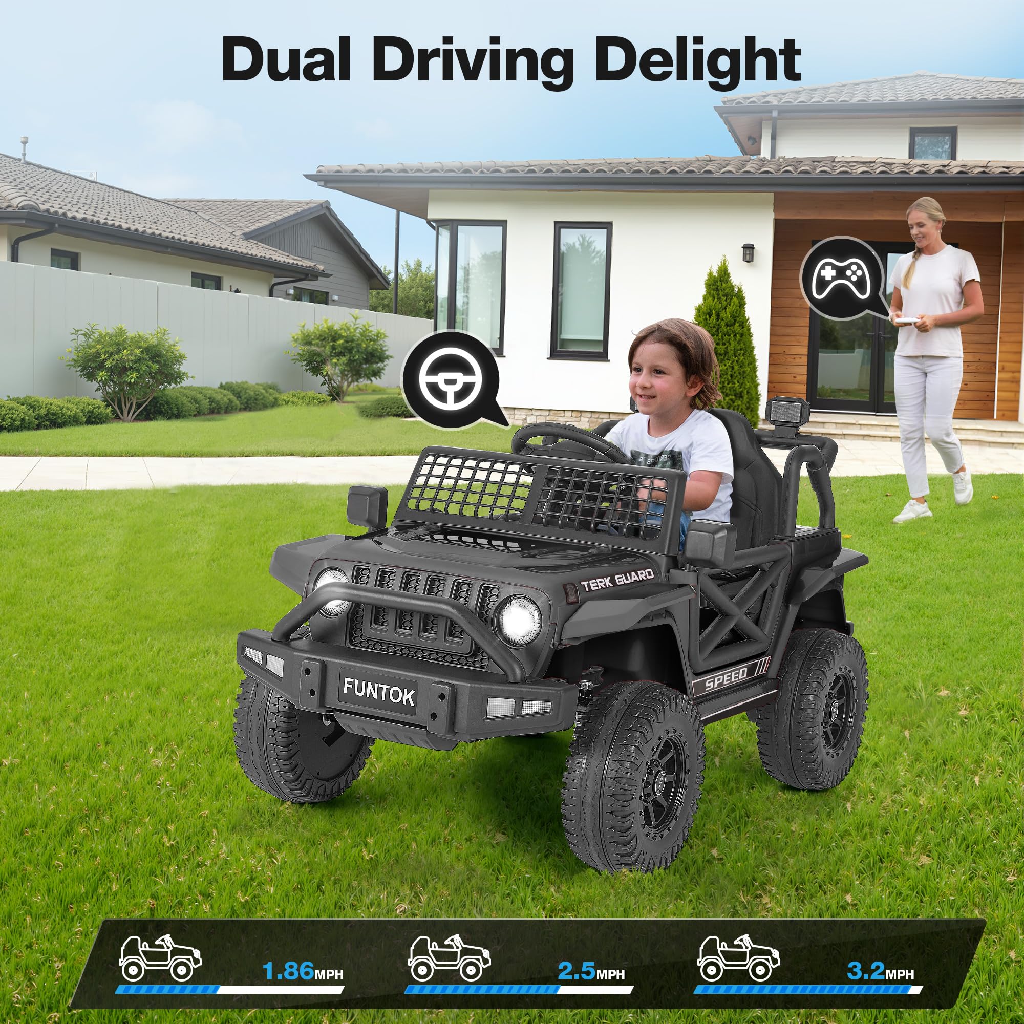 FUNTOK 12V 7AH Ride On Truck, Electric Car for Toddlers 1-3 w/Remote Control, LED Lights, 3 Speeds, Spring Suspension, Soft Start, Bluetooth Speaker, Music Player, Gifts for Boys and Girls (Black)