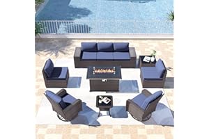 Kullavik 10PCS Outdoor Patio Furniture Set,PE Wicker Rattan Sectional Sofa Patio Conversation Sets with 43" 55000BTU Gas Propane Fire Pit Table,Swivel Rocking Chairs Set,Deep Blue