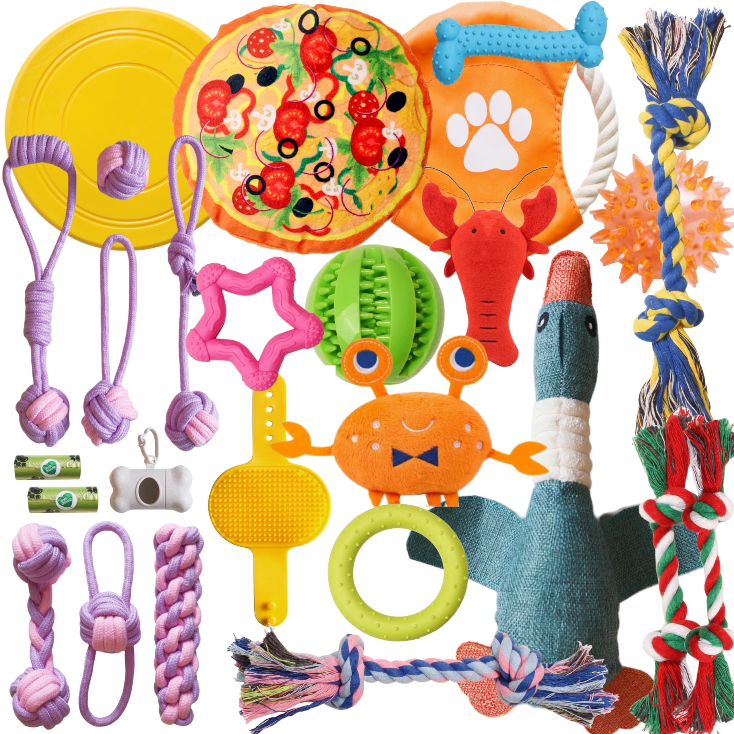Photo 1 of SOCOWVAKA Puppy Chew Toys Set 26 Pack for Fun and Teething Cleaning, Dog Toys Pack with Squeak Plush Toy, Squeaky Toy Balls, Rope Toys for Puppy 0-6 Months to Small Dogs