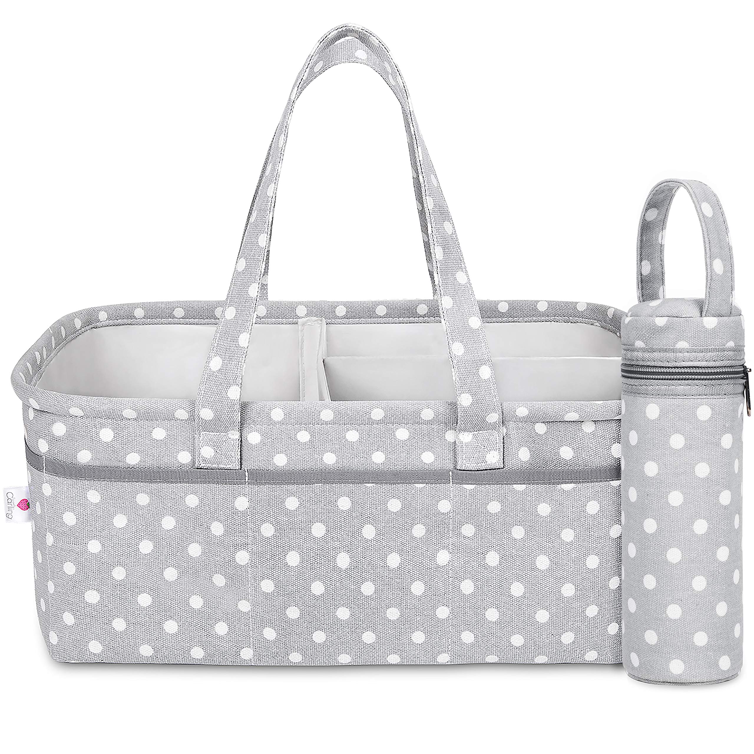 Baby Diaper Caddy Organizer Changing Table Nursery Basket | Premium Cotton Canvas Large Storage Bin | Sweet Carling\'s Portable Tote Bag For Diapers and More | Shower Registry For Boys and Girls