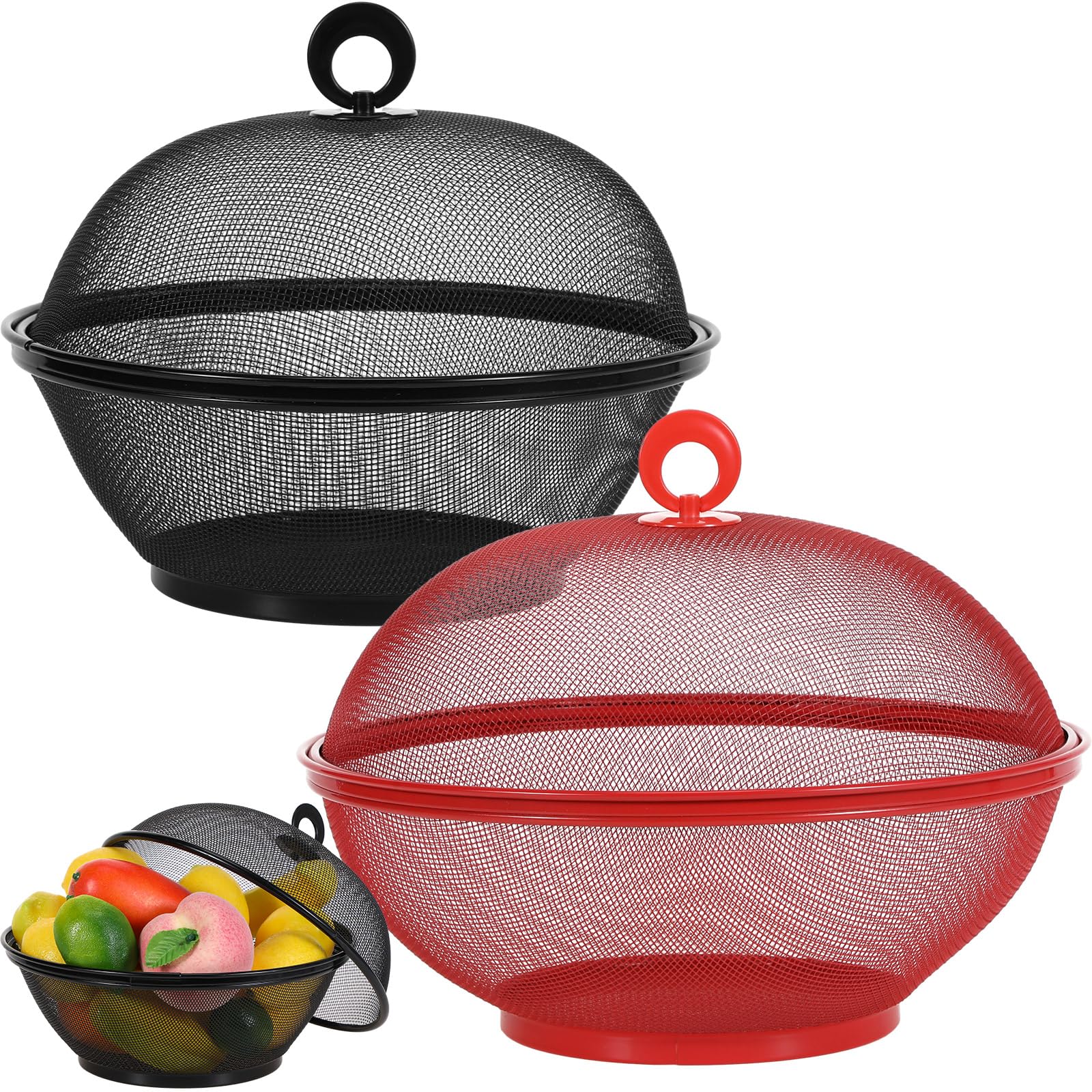 Photo 1 of Hicarer 2 Pcs Summer Mesh Fruit Basket with Lid Fruit Cover Protective Countertop Wire Bowl Metal Vegetable Strainer Kitchen Accessories for Kitchen Food Vegetable(Black, Red)