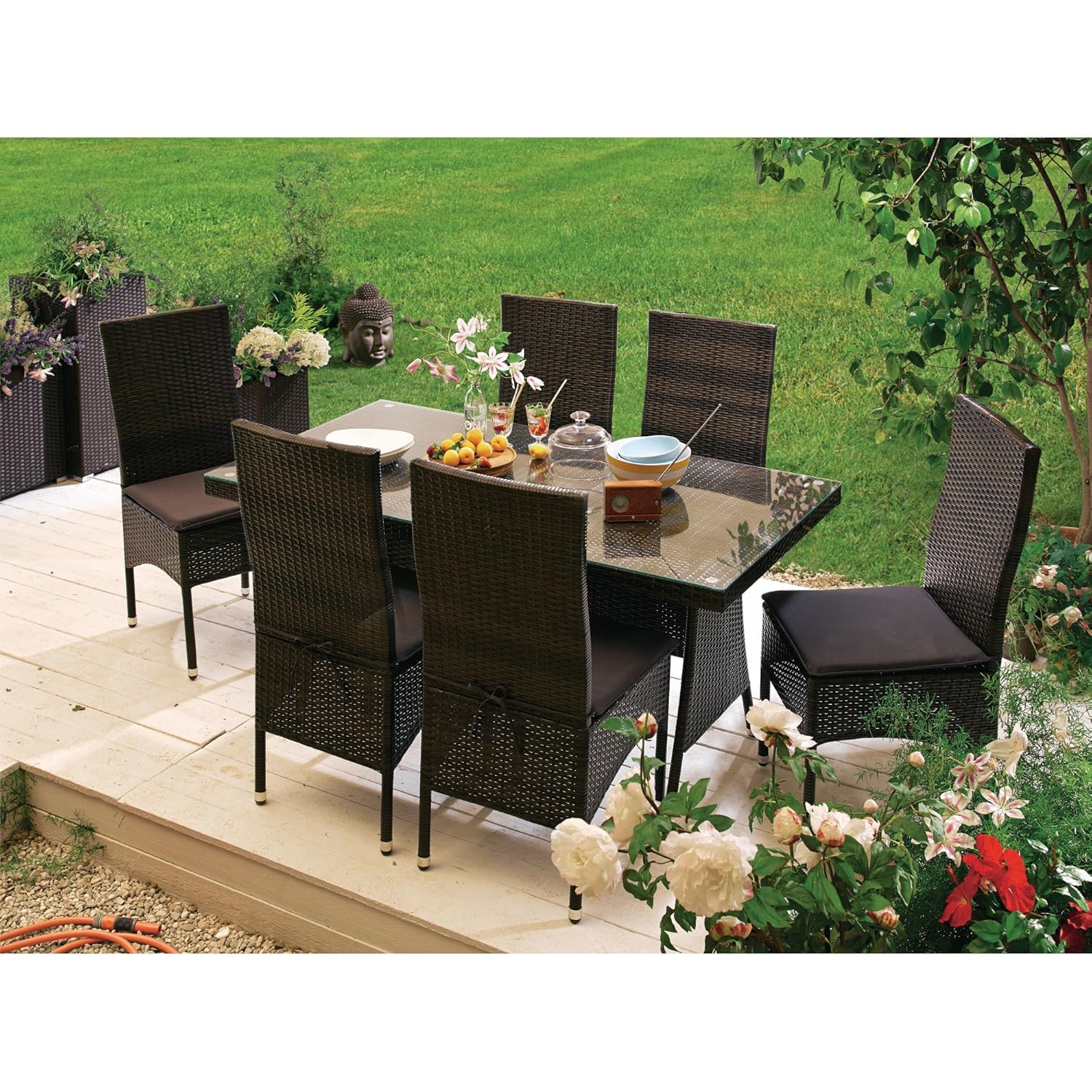 Gartenmöbelset aus Rattan, mit Auflagen, 13 tlg., Tisch ca