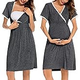 SWOMOG Women 3 in 1 Delivery/Labor/Nursing Nightgown Short Sleeve Pleated Maternity Sleepwear for Breastfeeding