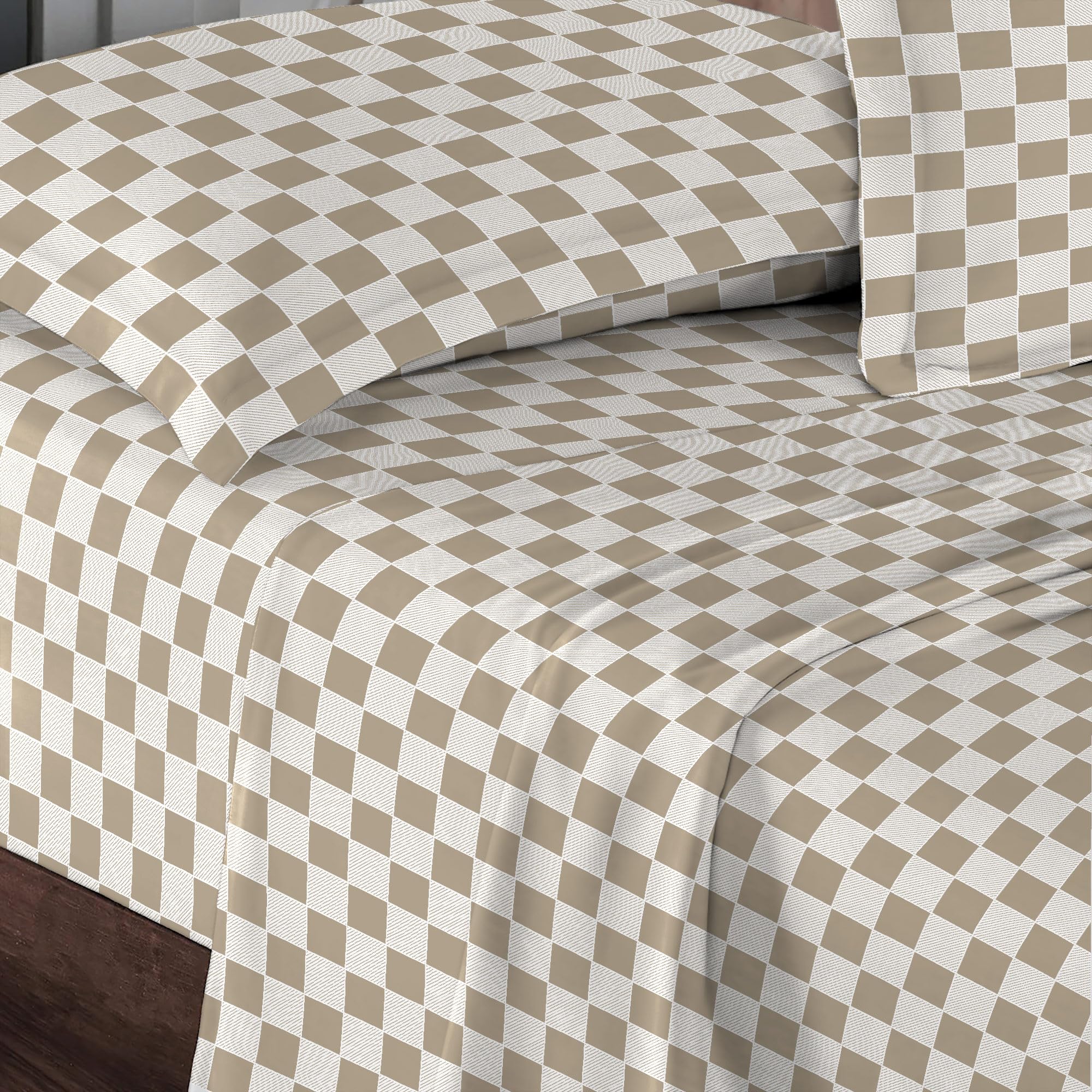 Pizuna Cotton Smart Checks Taupe Printed Bedding Sets Super King, 400 thread Count 100% Long Staple Cotton Sateen Bed Sheets Includes 1 Fitted Sheet, 1 Flat Sheet, 2 Pillowcases (Printed Bed Sheets) — image 1