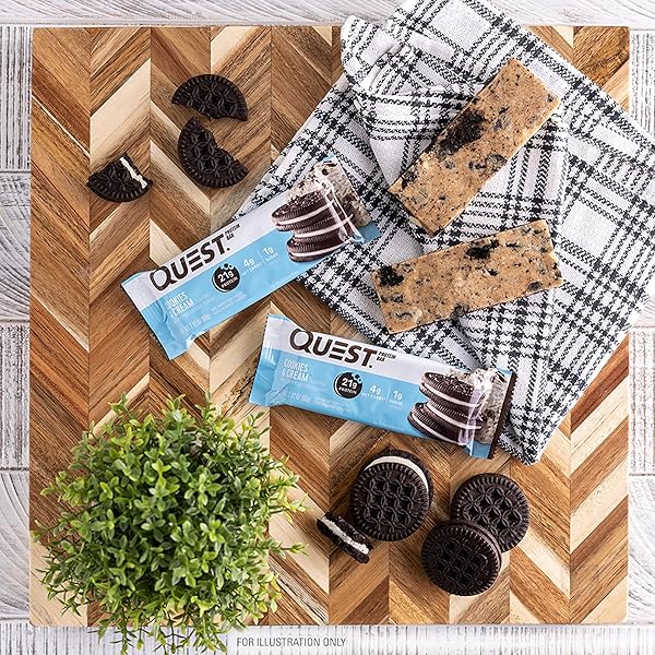 QUEST NUTRITION COOKIES & CREAM PROTEIN BARS, 21G PROTEIN, 1G SUGAR, 4G NET CARB, GLUTEN FREE, KETO FRIENDLY, 12 COUNT