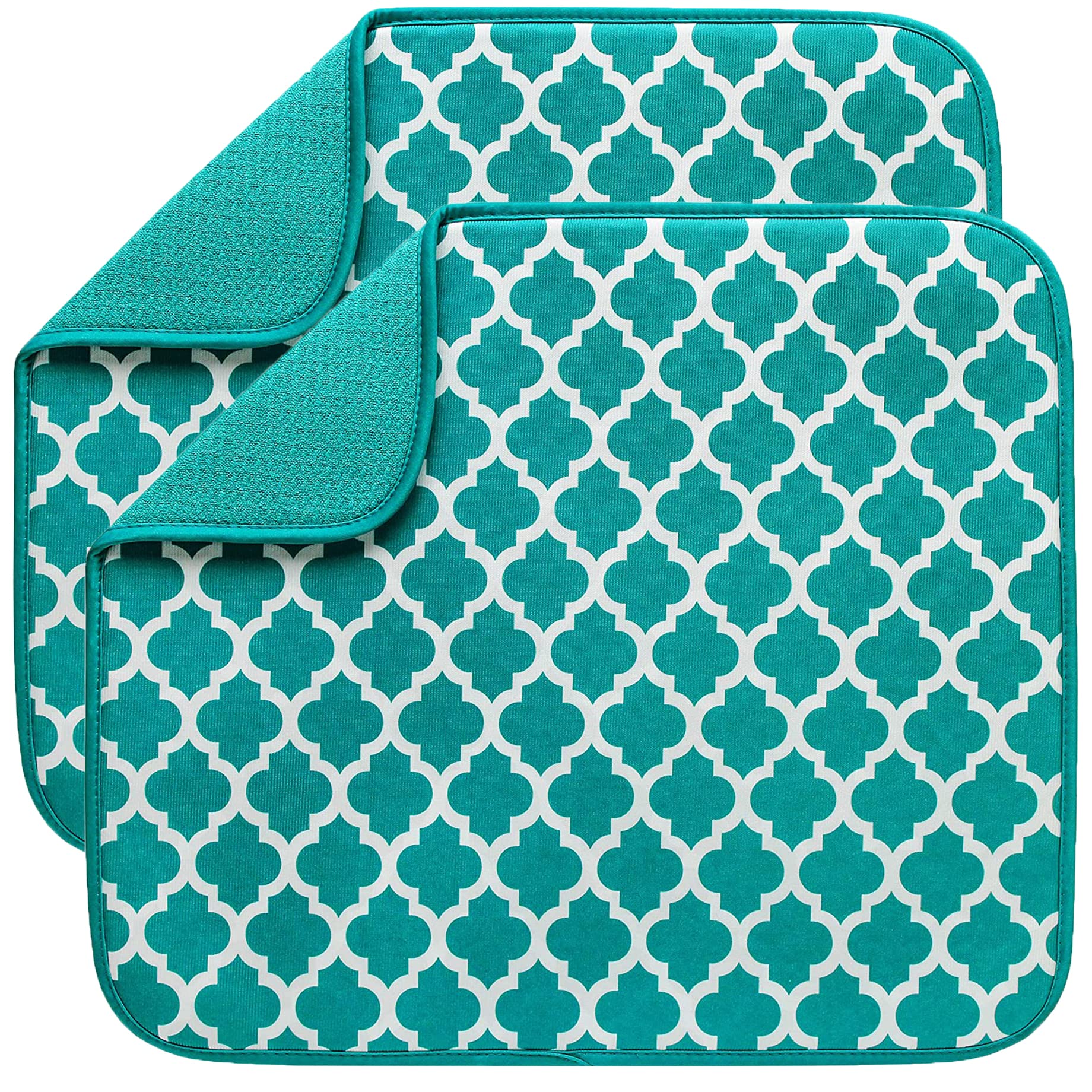 Microfibre Dish Drying Mats for Kitchen Super Absorbent Dish Drainer Mat for Kitchen Countertop Tabletop 40cm x 46 cm 2 Pack Teal Trellis