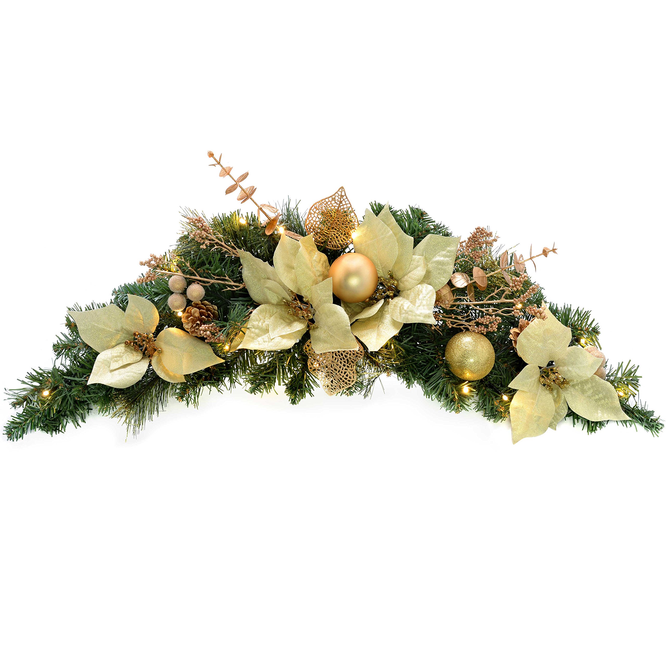 WeRChristmas Pre-Lit Decorated Arch Garland Illuminated with 20 Warm White LED Lights, 70 cm - Cream/Gold