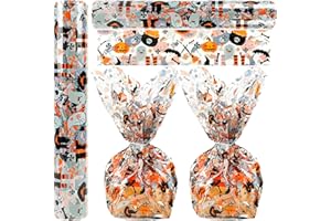 KOLEWO4EVER 100 Ft X 32 in Halloween Cellophane Wrap Roll 2.3 Mil Thick Halloween Cellophane Bags Crystal Clear with Special Pumpkin Ghost Spider Wrap Cellophane for Halloween Wrapping Gifts