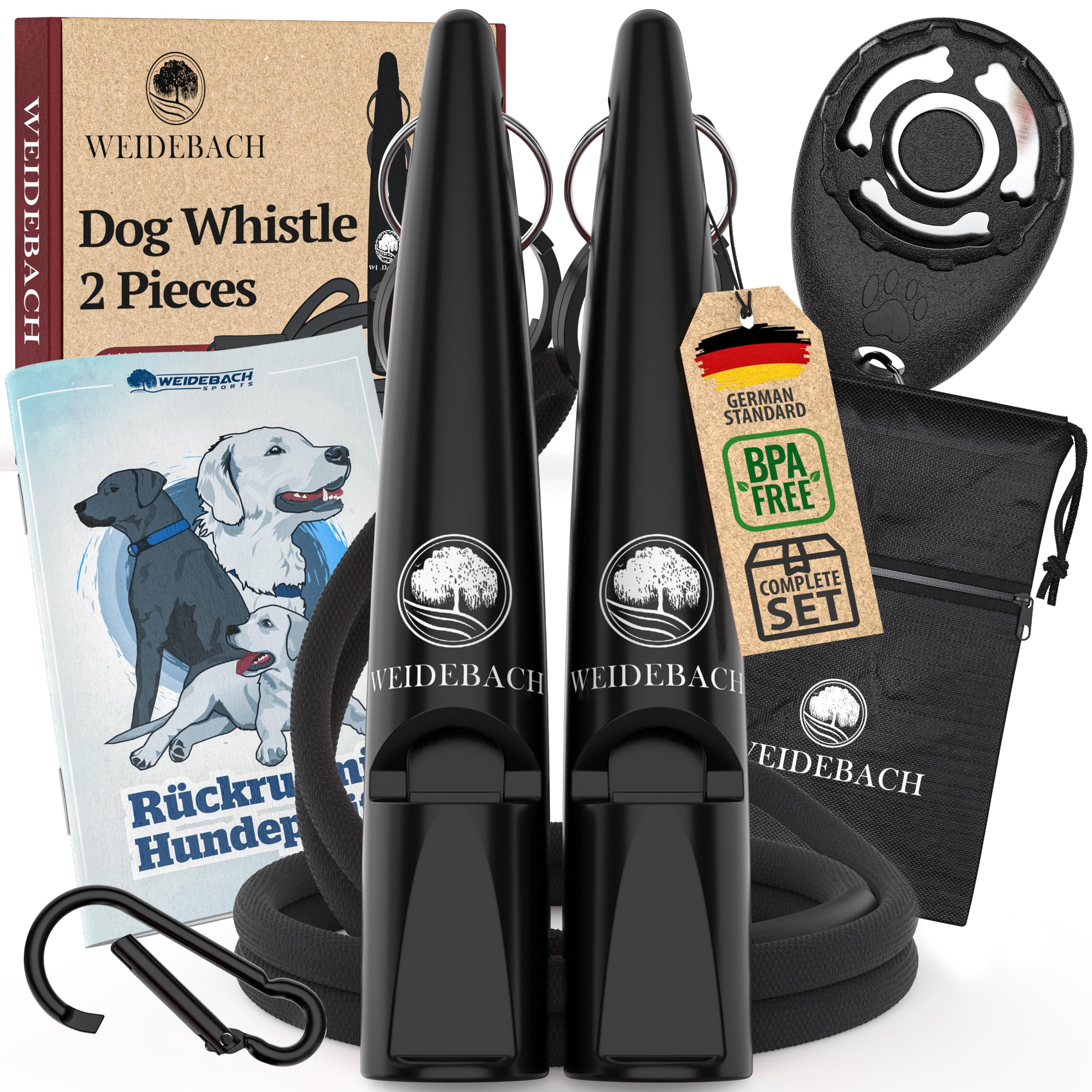 WEIDEBACH® 2 x Improved Dog Whistle 2.0 with More Stable & Louder Sound, Includes Clicker, Treat Bag and E-Book for Training with Dog, Standardised, Quality Band & Mouthpiece, Successful Recall