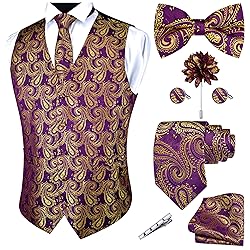 GUSLESON Gold Purple Vest Paisley Suit Vest Tie and
