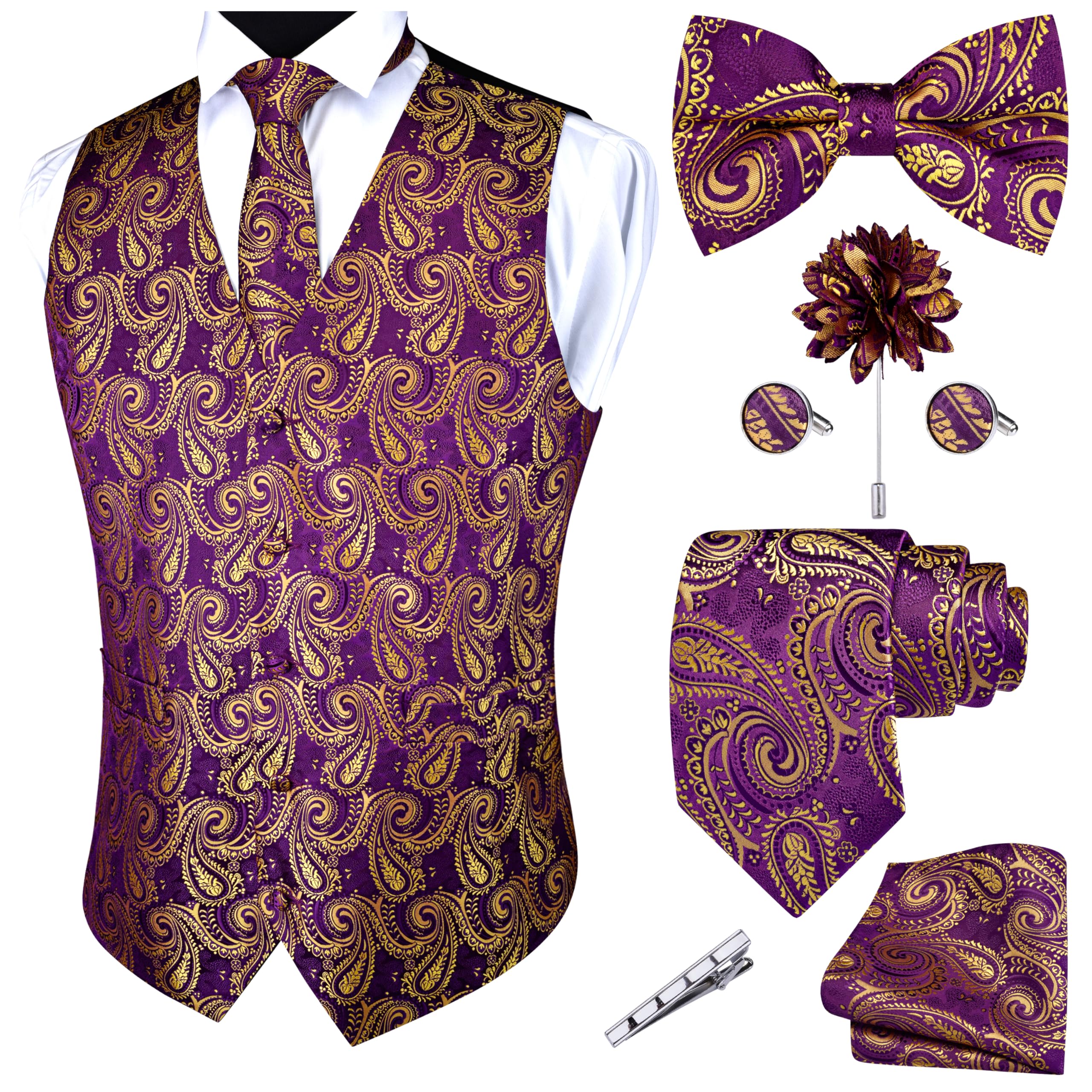 GUSLESON Gold Purple Vest Paisley Suit Vest Tie and