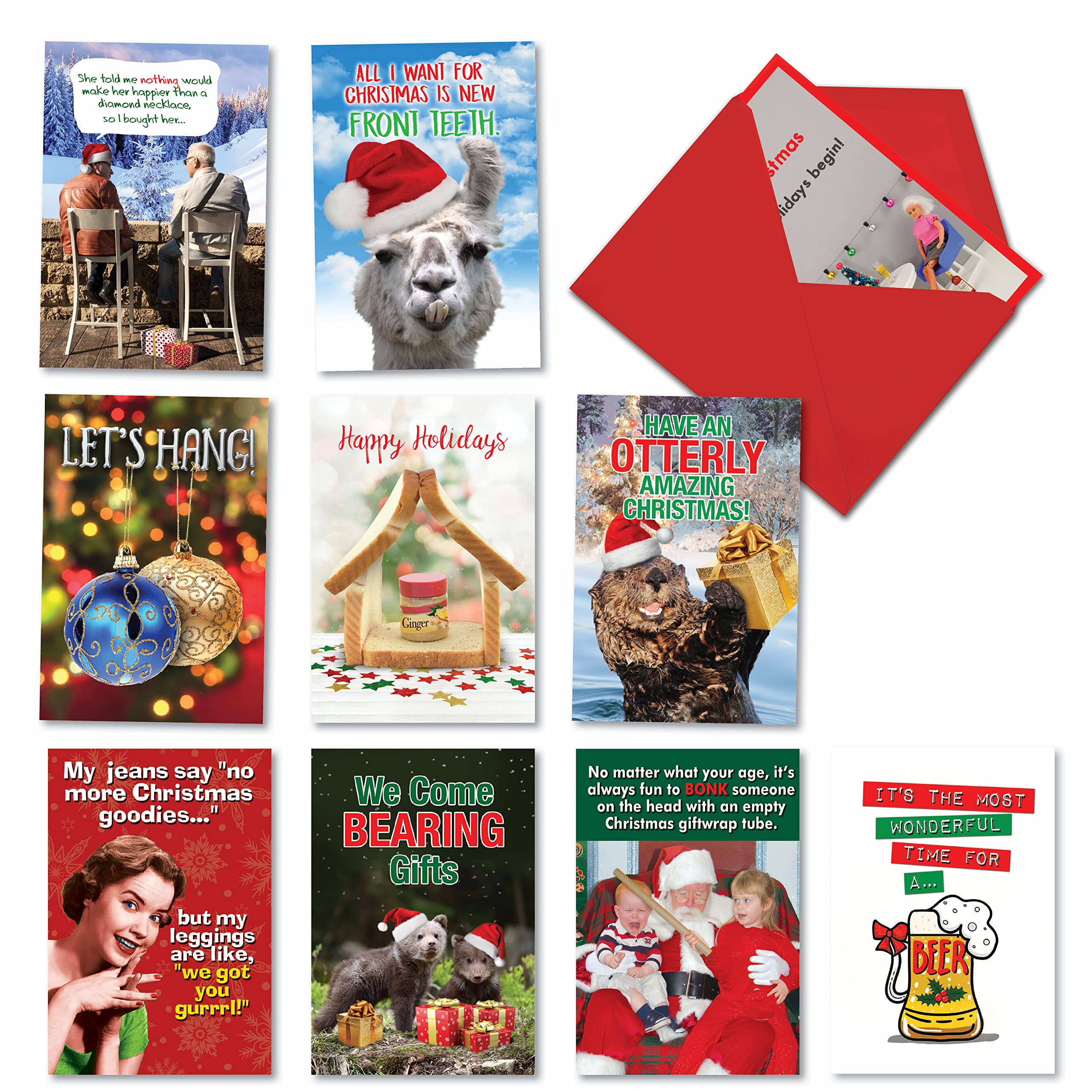 NobleWorks - 10 Funny Assorted Christmas Cards Boxed - Happy Holiday Assortment, Notecards with Envelopes - Holiday Laughs AC3483XSG-B1x10