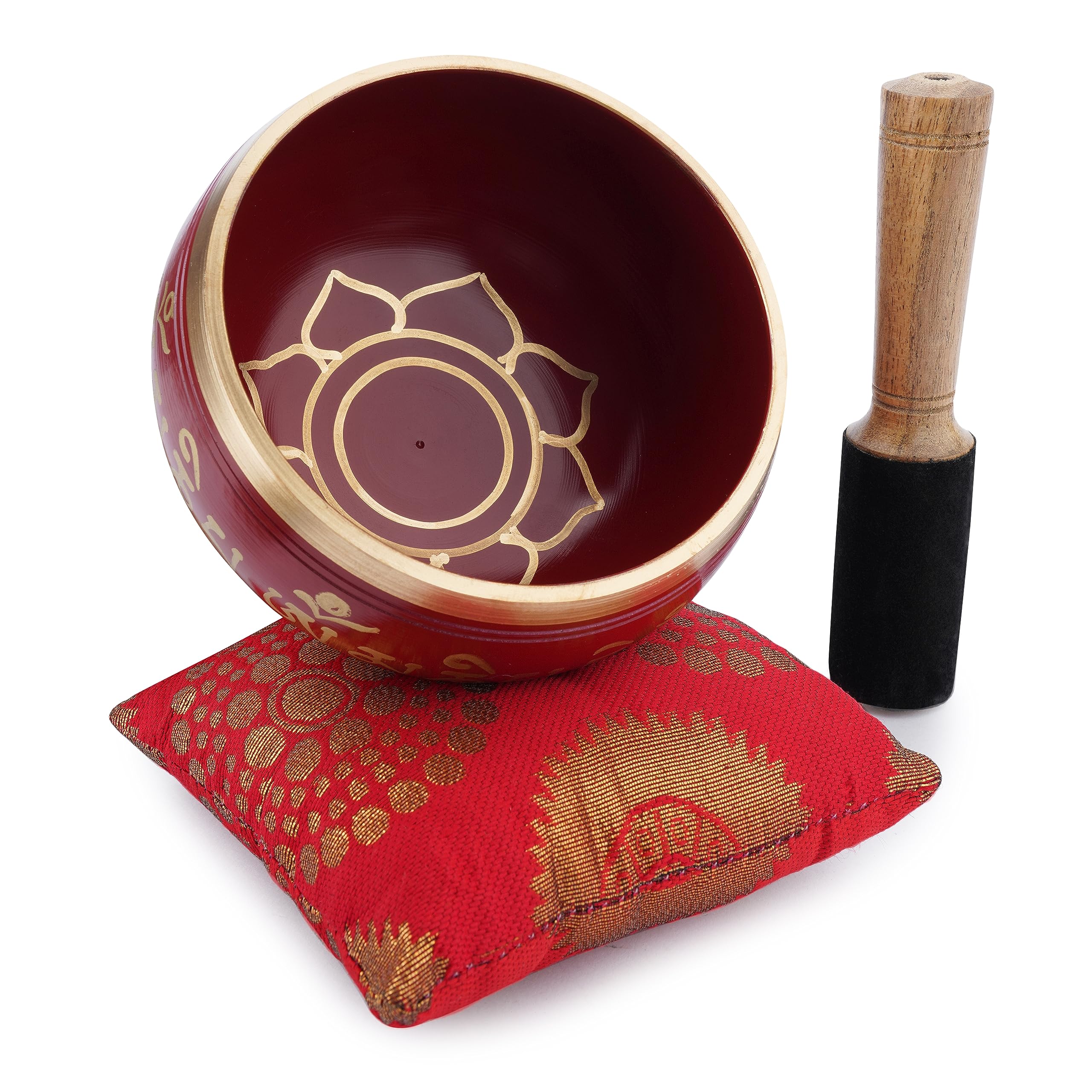 Ajuny Tibetan Singing Bowl Set - Handcrafted Meditation Brass Sound Bowl with Stick and Cushion for Yoga, Chakra Healing, Mindfulness and Stress Relief Spiritual Gifts - Gold Red