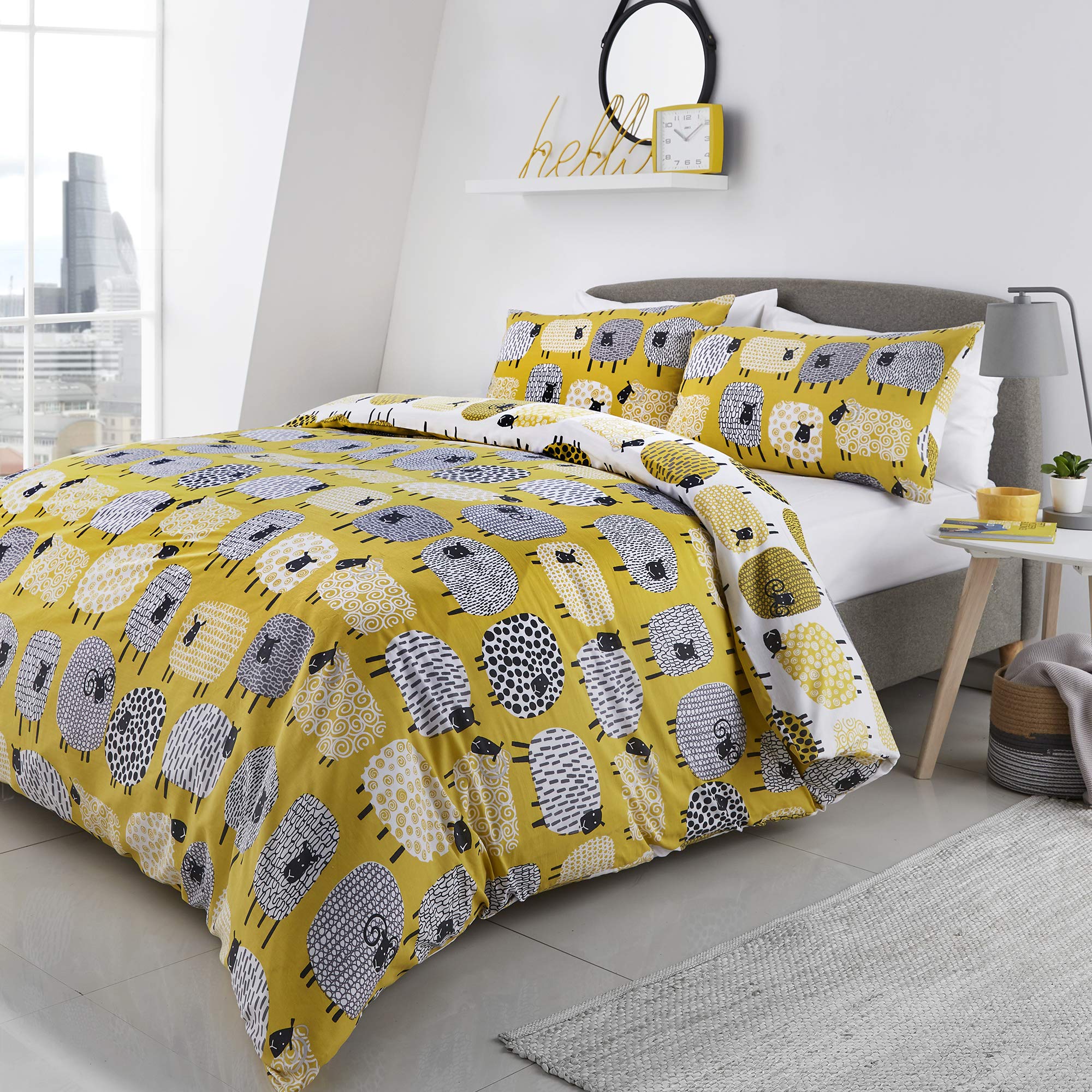 Fusion Dotty Sheep Print Reversible Duvet Cover Set, Ochre, King
