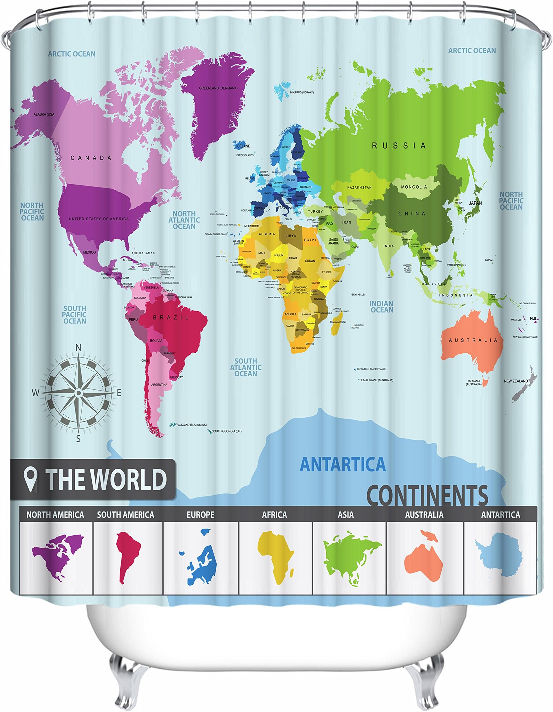 World Map Shower Curtain 71 X 71 Inches with 12 Sturdy Hooks Premium Quality Woven Polyester Fabric - Colorful Maps of Countries and 7 color-coded Continents and All Countries PVC Free Odorless