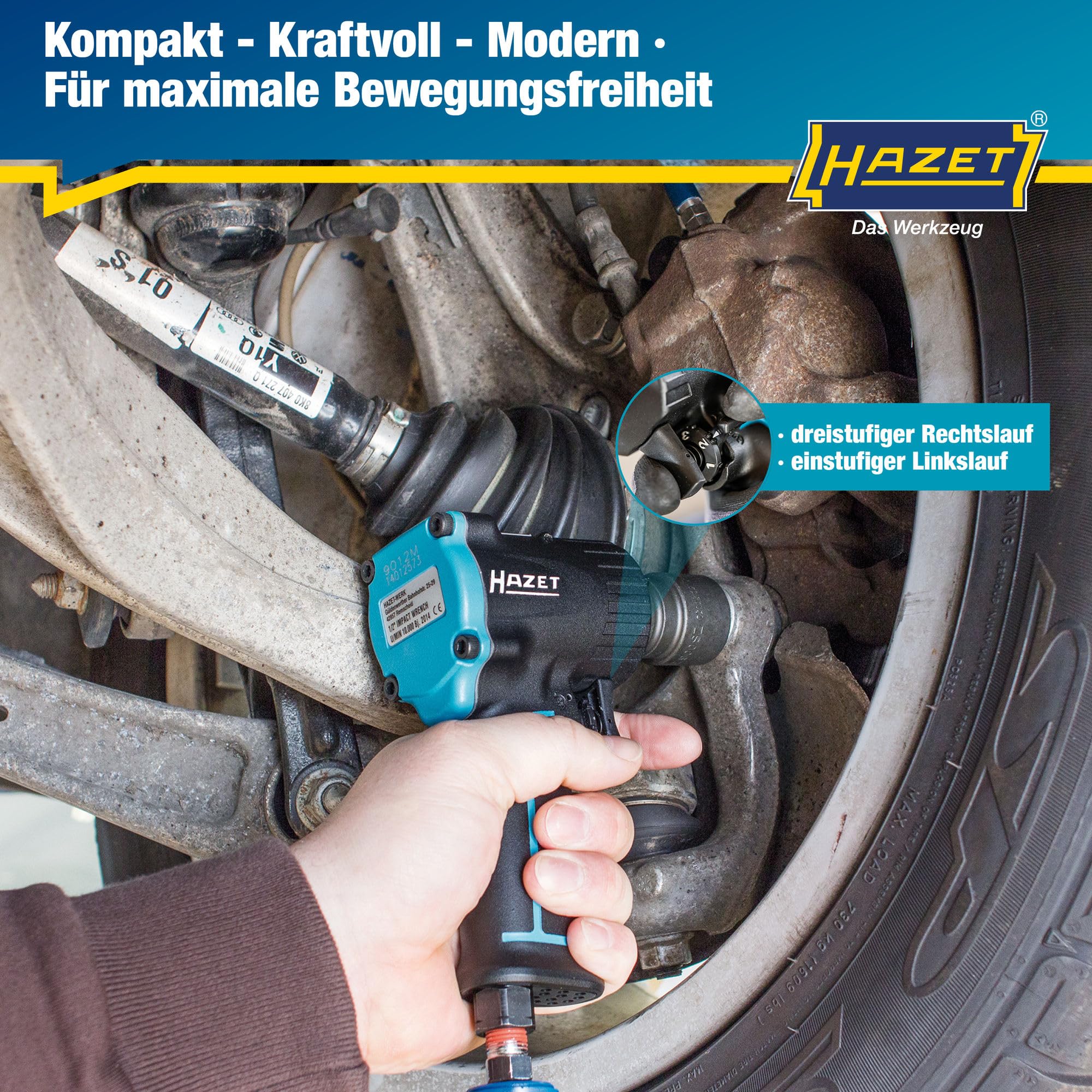 Hazet Druckluft-Schlagschrauber 9012M I Max. Lösemoment 1100 Nm, Vierkant 12,5 mm (1/2 Zoll) I vibrationsarm - Werkzeug zum Anziehen und Lösen von Schrauben 5