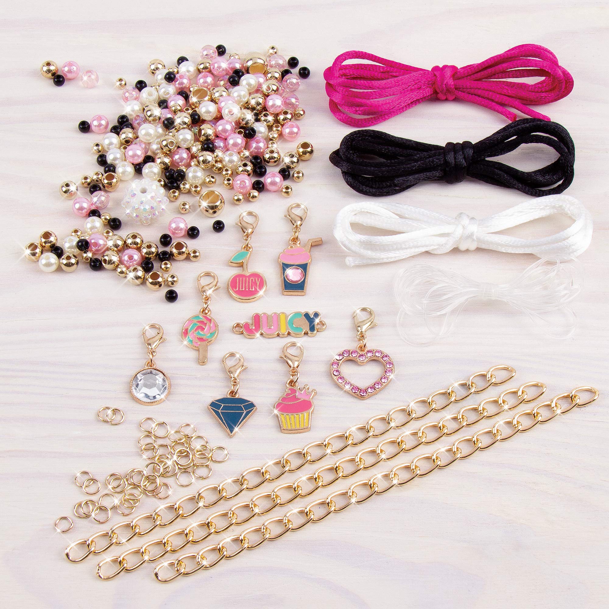 Make It Real Juicy Couture Pink and Precious Bracelets - DIY Charm Bracelet Making Kit - Friendship Bracelet Kit with Charms, Beads & Cords - Arts & Crafts Bead Kit for Girls - Makes 8 Bracelets
