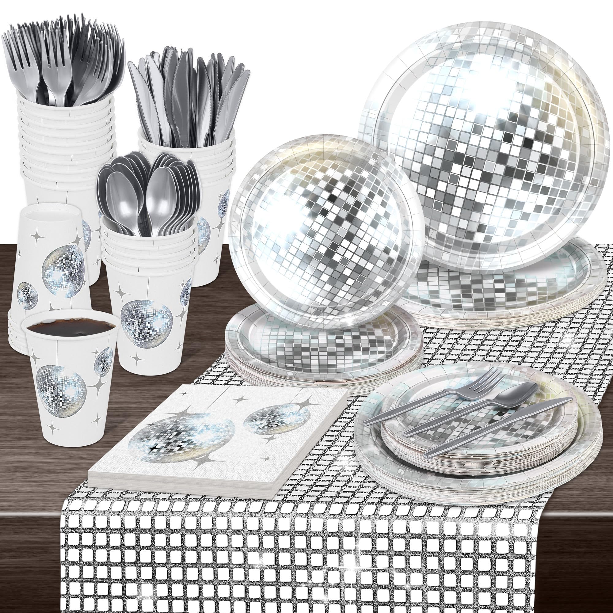 durony 176 Pieces 70s 80s Silver Disco Party Tableware Set Disposable ...