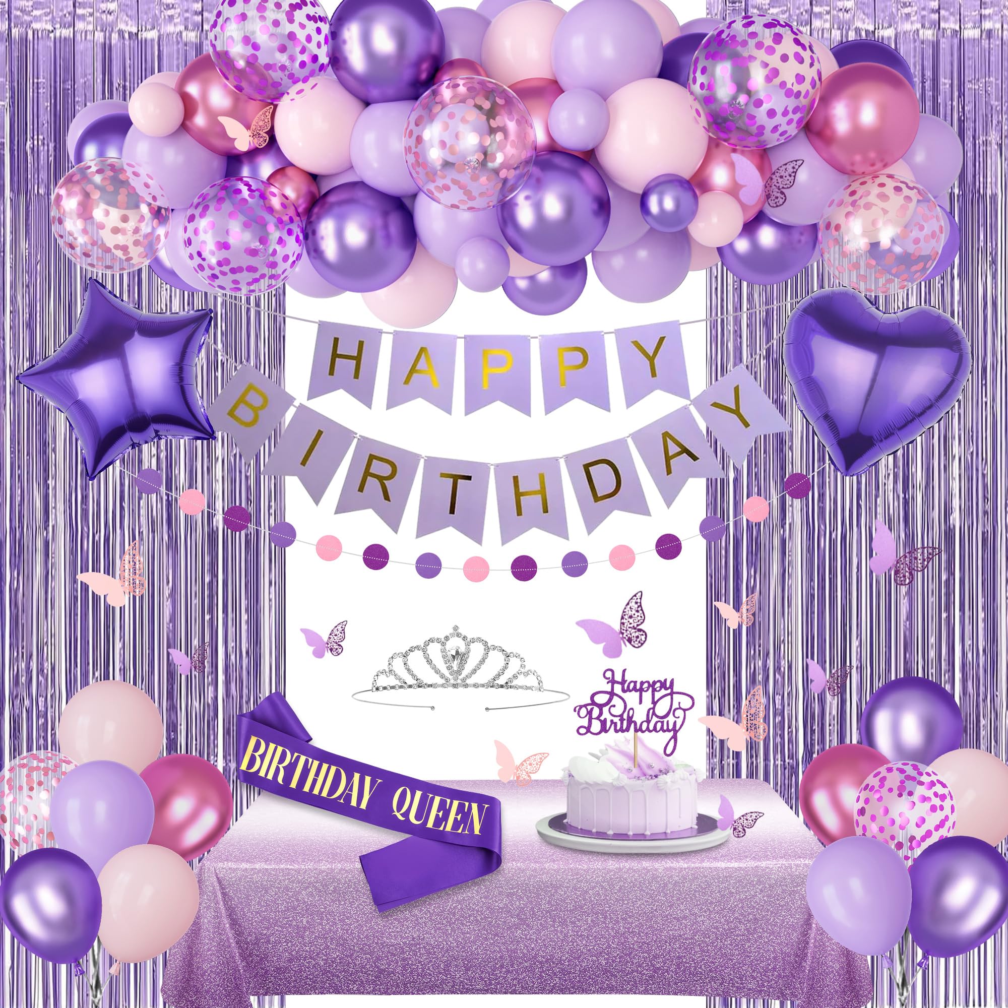 Photo 1 of Purple Birthday Decorations for Women Girls, Pastel Pink and Purple Balloons Foil Table Cloth Sash Crown Fringe Curtains Happy Birthday Banner Circle Garland Butterfly Cake Topper Party Supplies