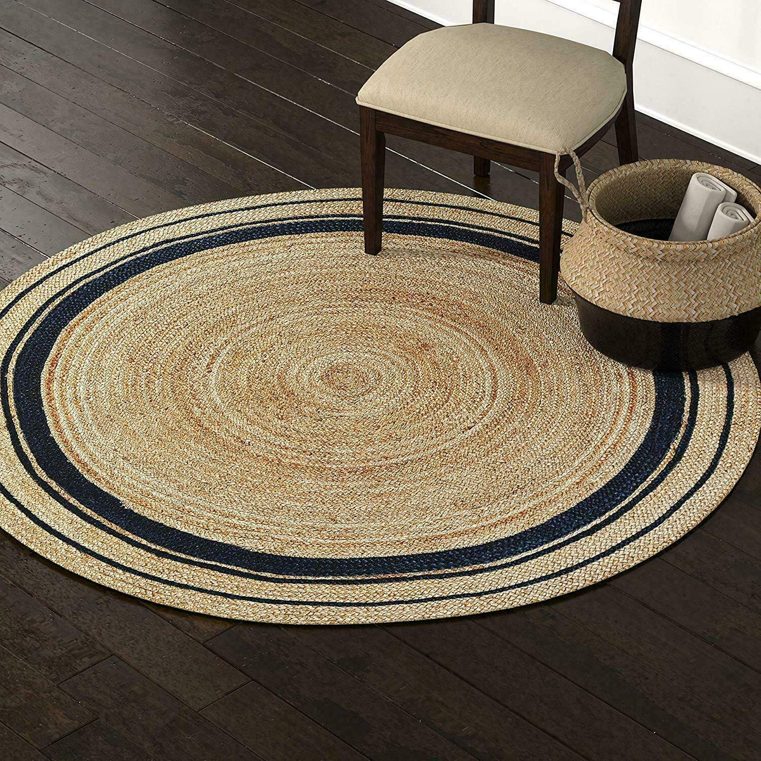Avgari Creation RUG Jute Natural Hand Braided Round Shape Handmade Fiber Area Carpet Decorative Look (60 x 60 Cm (2x2 Feet), Beige + Black Line) (NAT-001)
