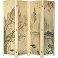 MyGift Decorative 4-Panel Folding Bamboo Room Divider Asian-Inspired Cherry Blossom Scene, Freestanding Floral Artwork Room Partitioner with Beige Wood Frame