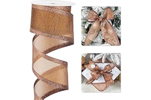 LIZLOVESS Copper Christmas Ribbon Wired 2.5 Inch Metallic With Glitter Stripe - 10 Yards for Tree, Wreaths, Swag, Garland, Holiday Decor