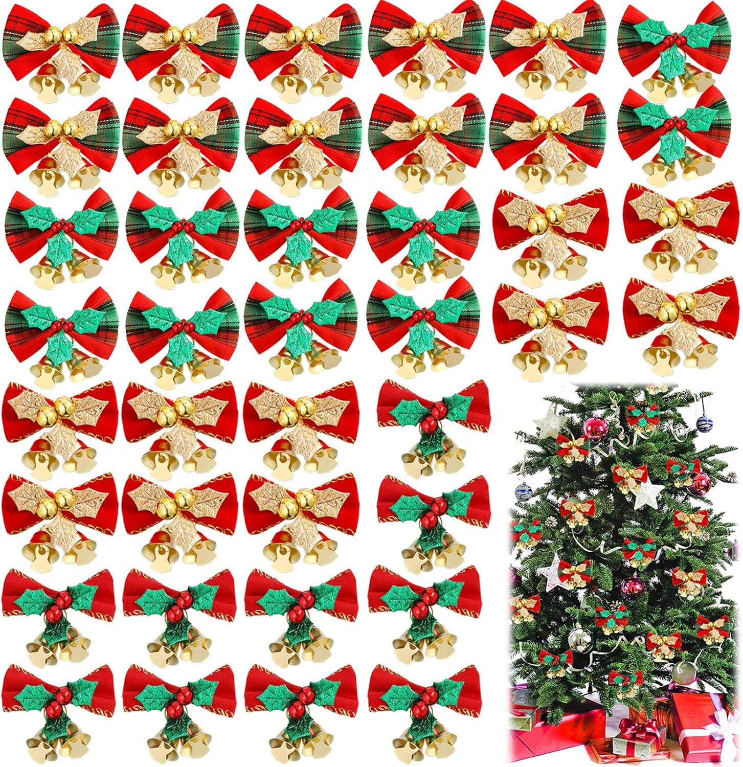Bows & Ribbons - Christmas Bow with Bells for Crafts Christmas Mini Bowknot Ornament Craft Present Bow Christmas Tree Wreaths Hanging Decor (40 Pieces)