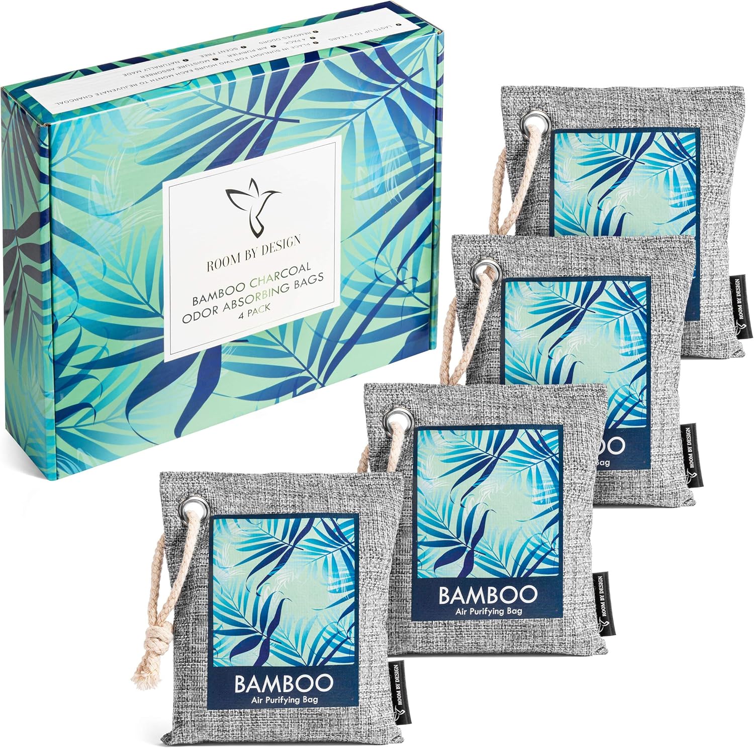 Bamboo Charcoal Air Purifying Bags 4 Pack - Natural Odor Eliminator and Absorber - Activated Charcoal Air Freshener Bag and Deodorizer for Home Car Work - Kid Pet friendly Smell Remover 4x200g