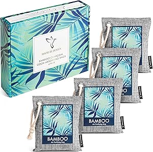 Bamboo Charcoal Air Purifying Bags 4 Pack - Natural Odor Eliminator and Absorber - Activated Charcoal Air Freshener Bag and Deodorizer for Home Car Work - Kid Pet friendly Smell Remover 4x200g