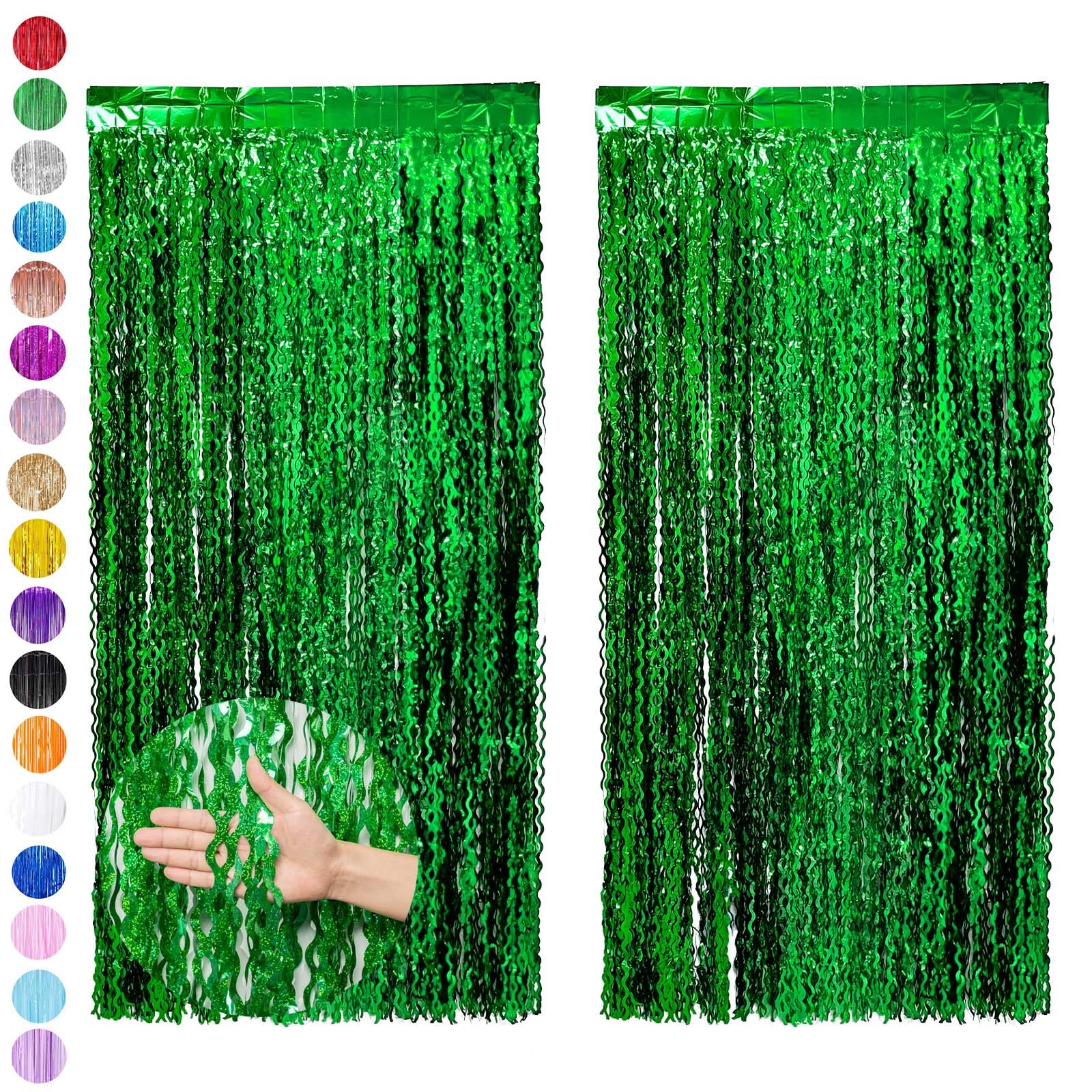 2pcs 3.2ft x 6.5ft Foil Curtain Christmas Decorations,Green Tinsel Curtain Party Backdrop Glitter,Green Foil Fringe Streamers Metallic Tinsel Door Hanging Foil Flow Silk Streamers for Holiday Party