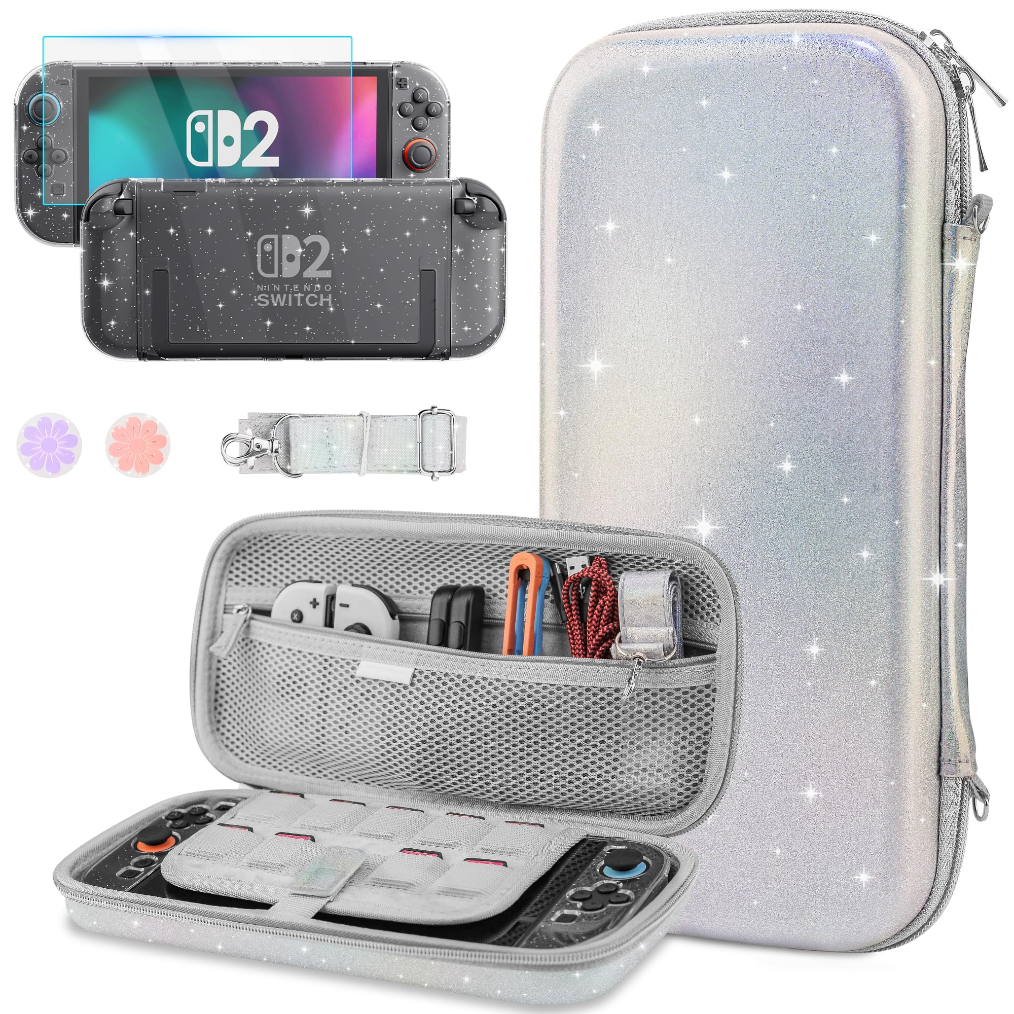GLDRAM Carrying Case for Nintendo Switch 2 (2025), Glitter Accessories Bundle with Silver Travel Storage Bag, Clear Shining Protective Cover Skin, HD Sreen Protector, Adjustable Strap & 2 Thumb Grips