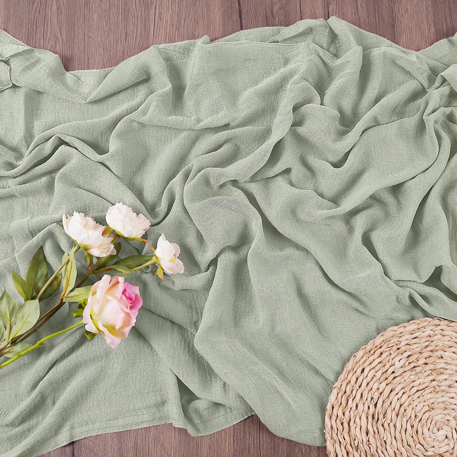 AUAUY Cheesecloth Table Runner, 80x300cm Boho Gauze Fabric, Gray Green