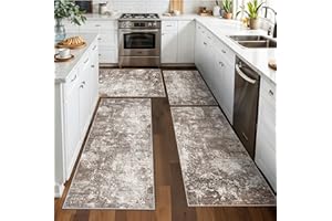 4-Piece Kitchen Rug Set with Runner – Washable Non-Slip Floor Mats for Sink,Entryway,Hallway,Bathroom – Modern Abstract Neutr