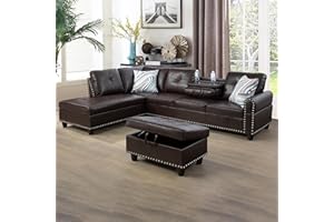 LOPOO 3-Piece Faux Leather Sectional Couch, Button Tufted Upholstered Modular Sofas with Chaise Lounge and Storage Ottoman, Large L-Shaped Living Room Sets w/Foldable Console and Cup Holder (Brown)