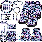 Fabbay 26 Pcs Mushroom Car Seat Covers Set with Protectors Steering Wheel Seat Belt Cover Floor Mat Armrest Cushion Key Chains Auto Interior Accessories for Women(Rainbow)