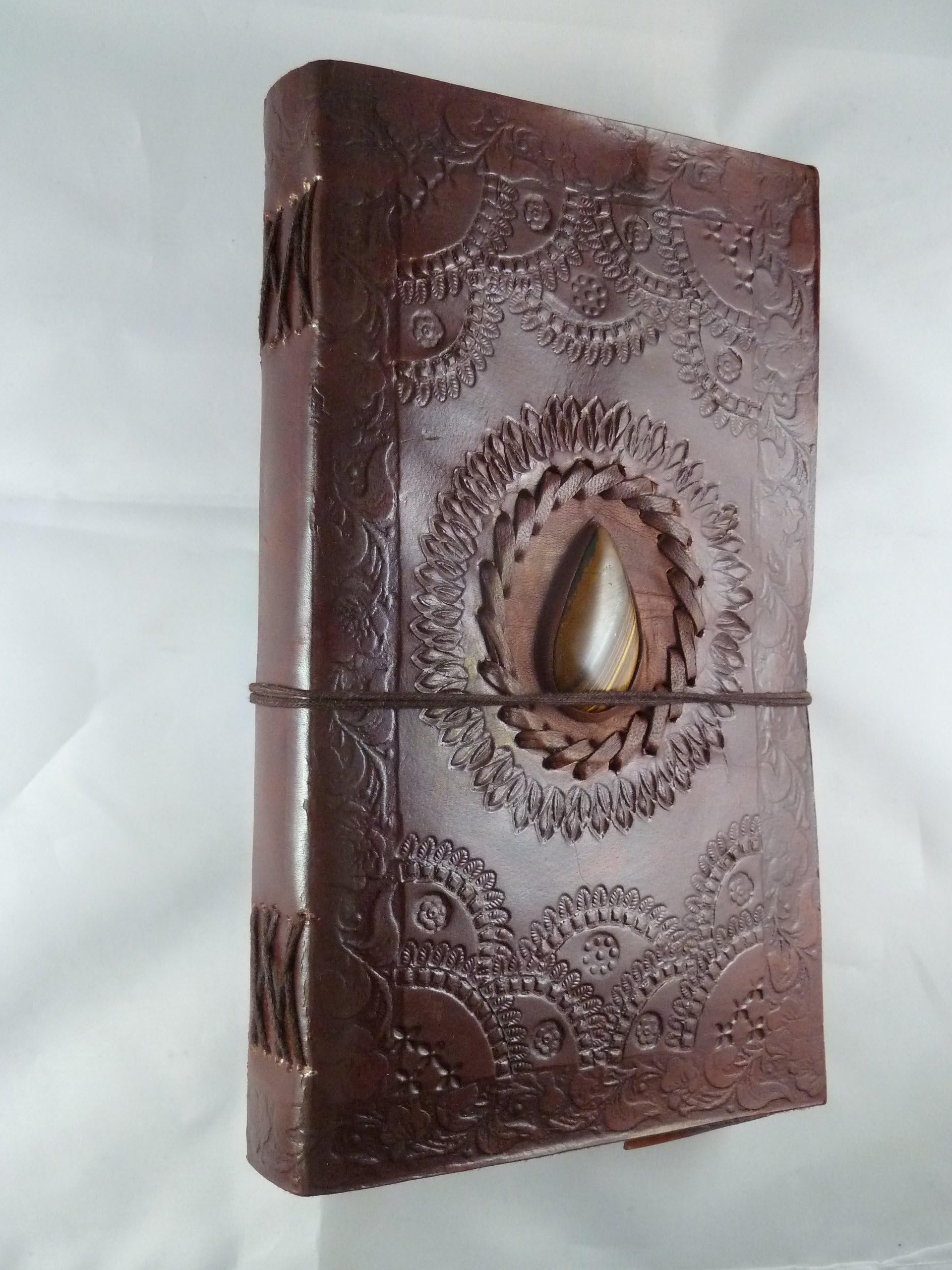 Paperfreak: Strong Leather Journal with Stone Tiger Eye Gemstone Inlay Size XX – Octave Buffalo Leather And Handmade Paper Hard Back Sketch Book Leather Book Sketch Book Travel Diary Notebook Bahi