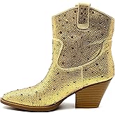 Forever Women's Rhinestone Block Heel Ankle Boots River-01 Gold 7