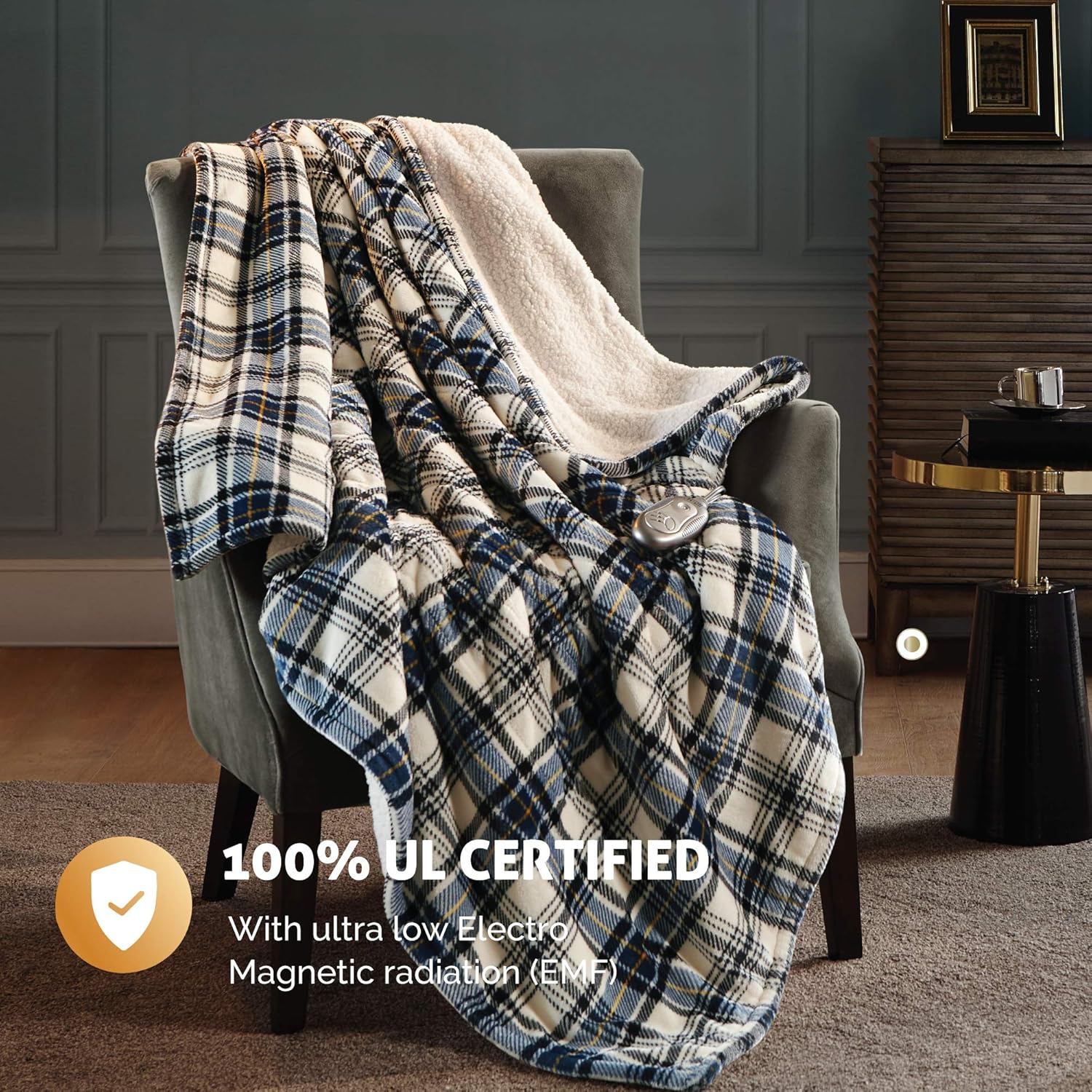 Hyde Lane Sherpa Heated Blanket - Plaid Blue | Luxury 60x70 Oversized Plush Therapedic Electric Throw | Extra Cozy & Soft | 3 Heat Settings | Automatic - Shut Off | Machine Washable: Kitchen & Dining