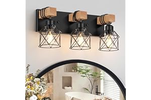 FadimiKoo 3-Light Farmhouse Vanity Light for Bathroom, Wood Bathroom Light Fixtures Over Mirror, Industrial Black Vanity Light with Metal Lampshade for Bedroom Hallway Living Room
