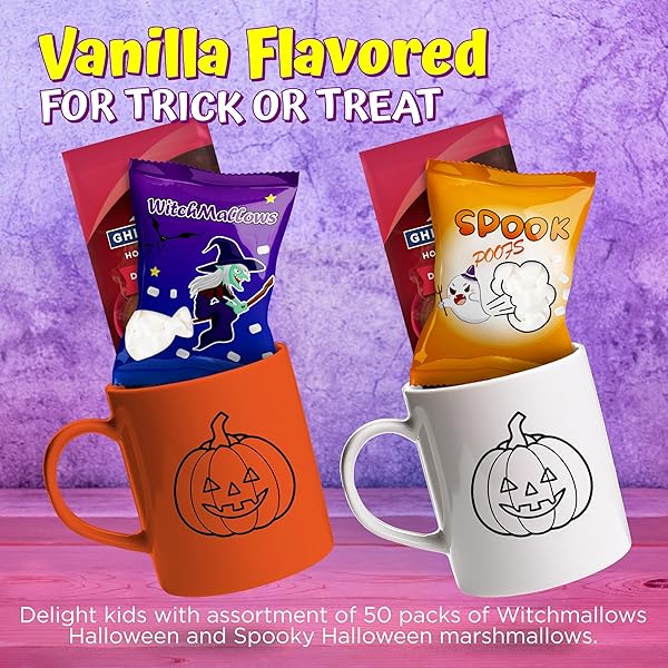 50 PACK ASSORTED HALLOWEENS MINI MARSHMALLOWS INDIVIDUALLY WRAPPED, WITCHMALLOW & SPOOK POOF, VANILLA FLAVORED, HALLOWEENS THEMED SNACKS BULK, KIDS FUN HALLOWEEN CANDY BULK FOR TRICK OR TREAT