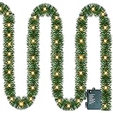 Nerosun 14.8 FT Artificial Christmas Garland, 50 Pre-Lit LED Mini String Lights Battery Operated Xmas Garland for Home Stair Railing Indoor Wedding Party Christmas Ornament Decorations (Warm White)
