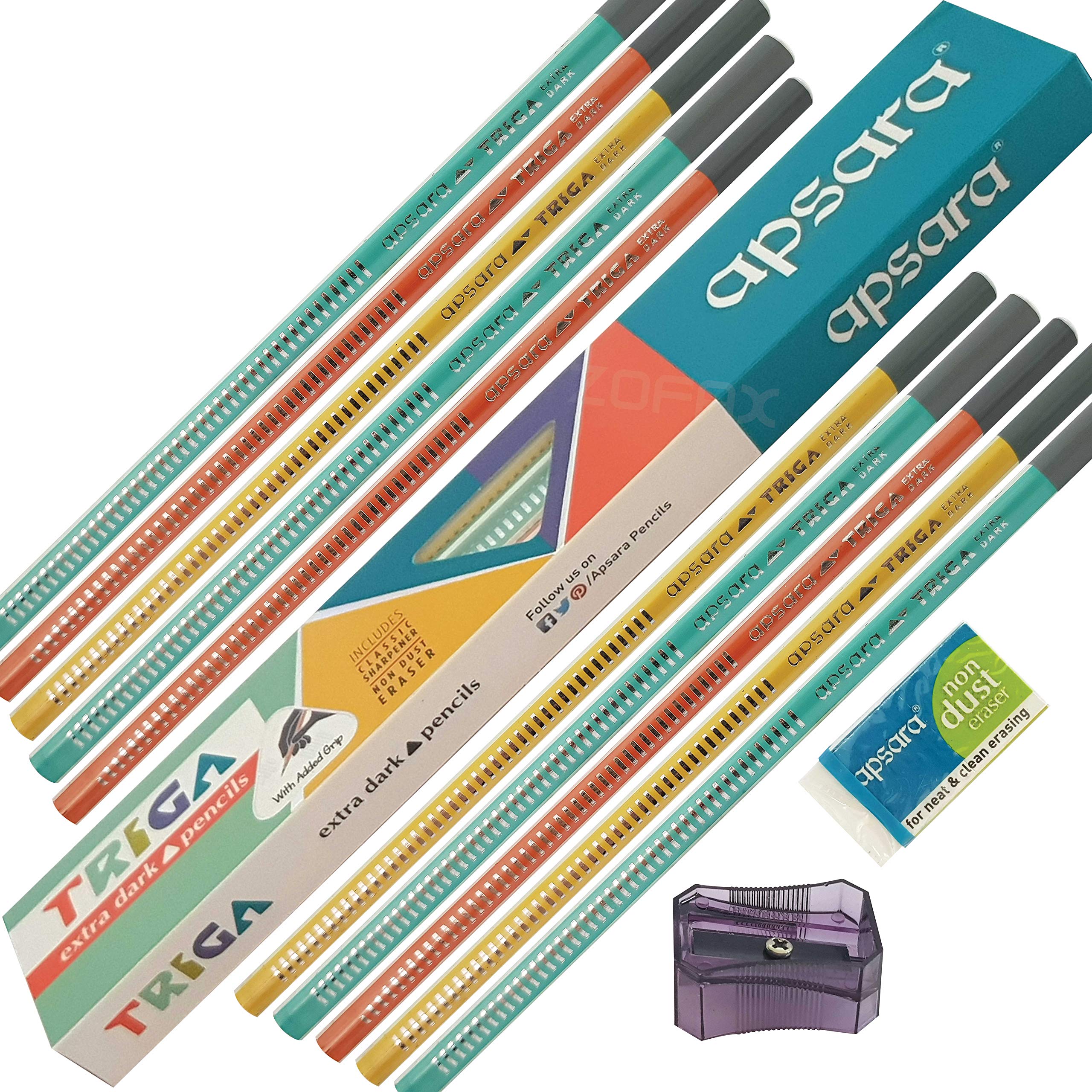 Apsara Triangular Pencils Box Pack Good Handwriting Comfort Grip (10 x Pencils + Eraser + Sharpener + 1 x iZOFAX Black Ball Pen)