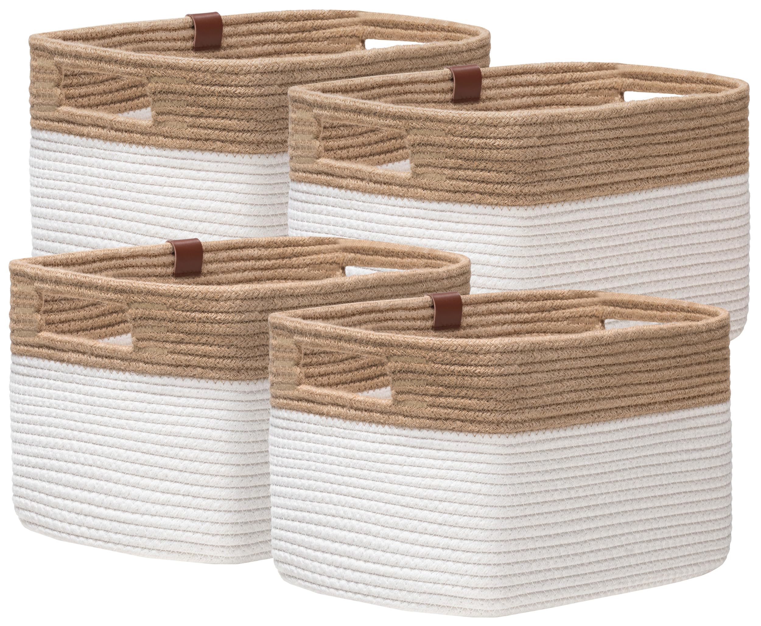 Photo 1 of UBBCARE 4 Pack Baskets for Organizing, Woven Storage Baskets with Label for Toys and Towel, Rectangle Cotton Rope Basket with Handles, 15''L x10''W x9''H, Jute&White
