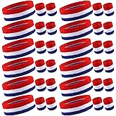 Deekin 12 Sets Bulk Striped Sweatband Set Kids Headband Wristband Set American Flag Style Athletic Gym Wristbands for Men Women Activities Sports Basketball Football Tennis