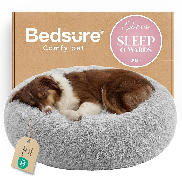BEDSURE CALMING DOG BED FOR LARGE DOGS – DONUT WASHABLE LARGE PET BED, 36 INCHES ANTI-SLIP ROUND FLUFFY PLUSH FAUX FUR DOG BED, FITS UP TO 80 LBS PETS, PALE GREY