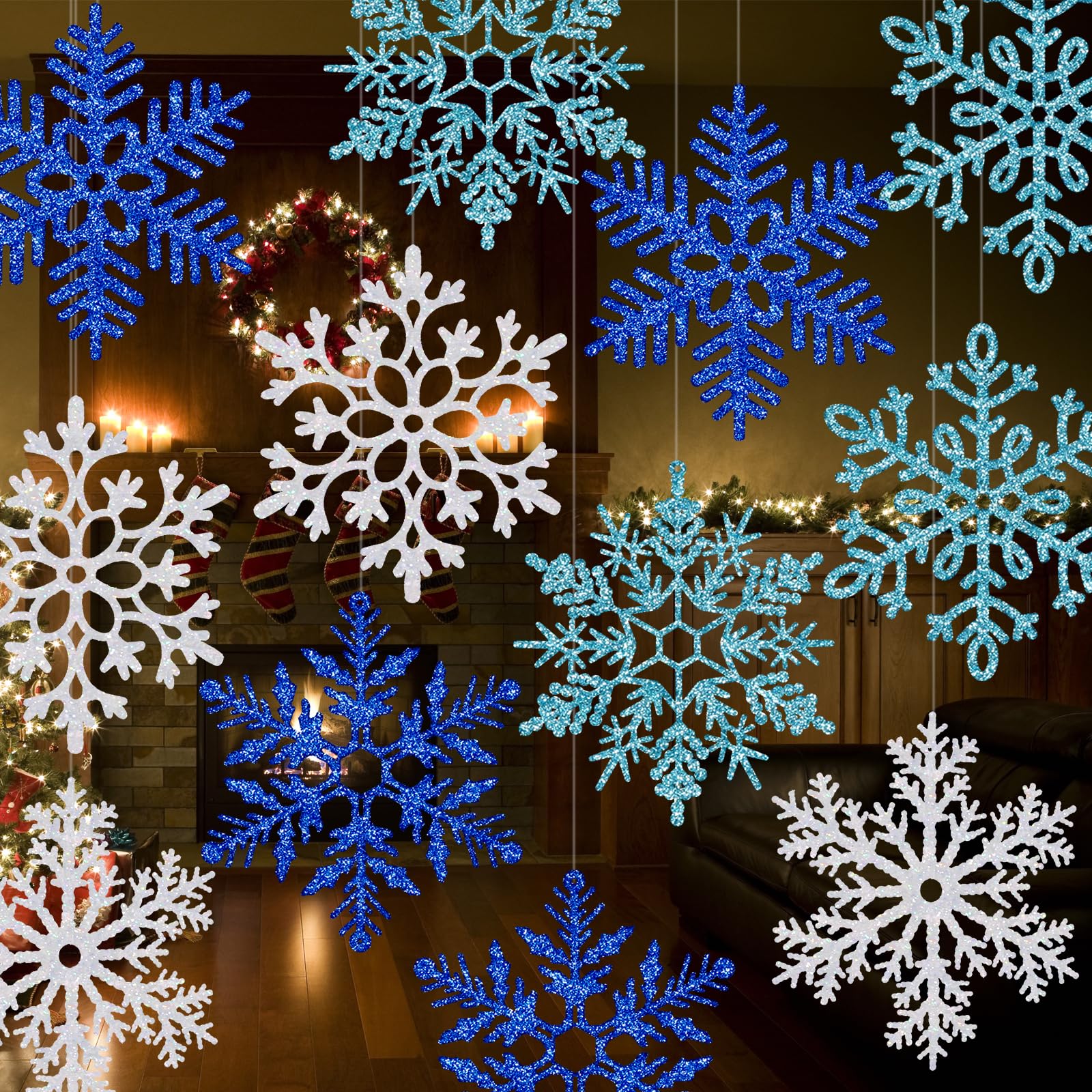 Photo 1 of 24 Pcs 15.8'' Large Snowflake Decorations – Giant Hanging Snowflakes, Plastic Snowflakes for Indoor & Outdoor Christmas Decor, Porch & Tree Decorations (White, Blue, Dark Blue)