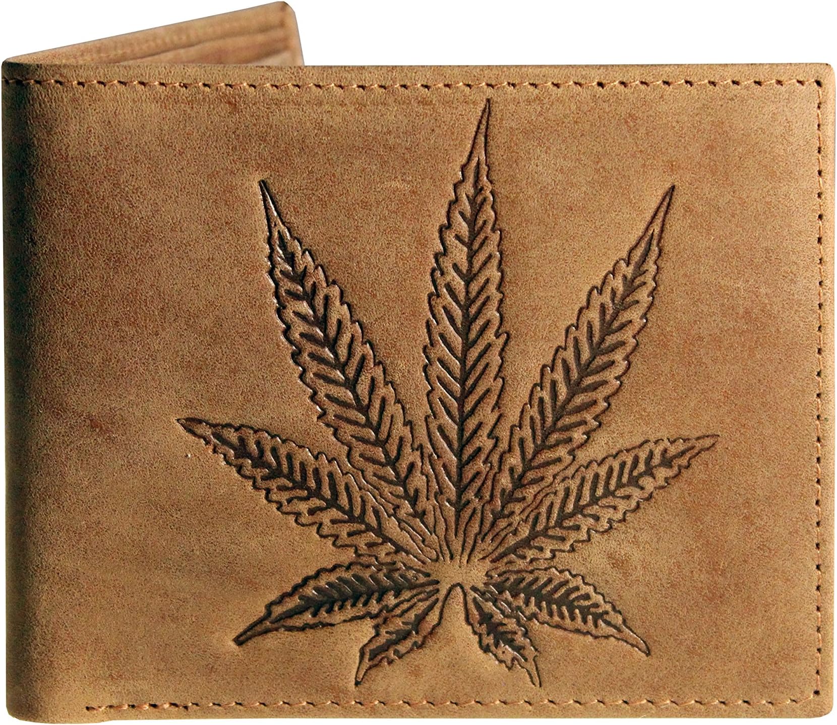 Unique Marijuana Leaf Embossed Distressed Antique Leather Bifold Slim Wallet