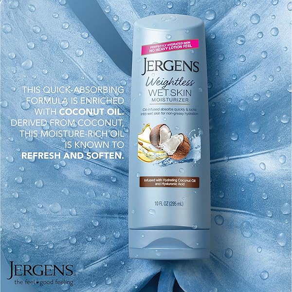 JERGENS WET SKIN BODY LOTION WITH COCONUT OIL, IN SHOWER LOTION FOR DRY SKIN, FAST-ABSORBING, NON-STICKY, DERMATOLOGIST TESTED, 10 OUNCE