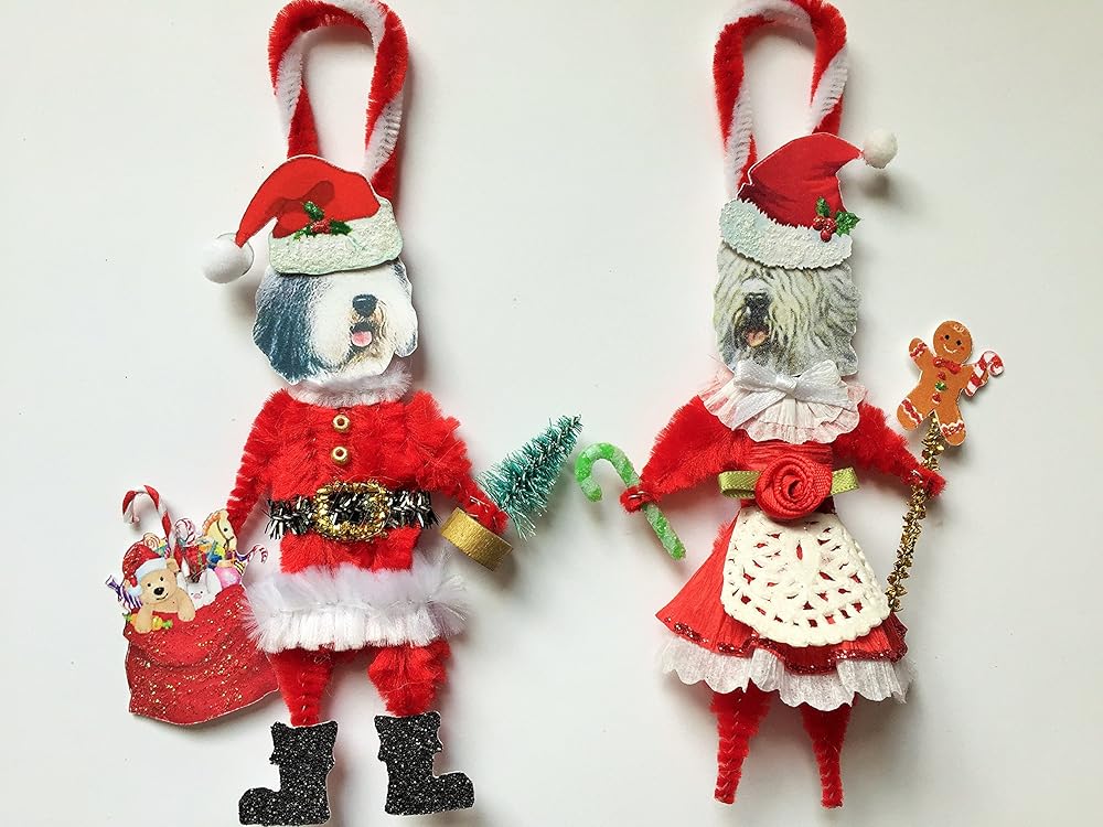 Old English Sheepdog CHRISTMAS SANTA CLAUS & Mrs. Claus